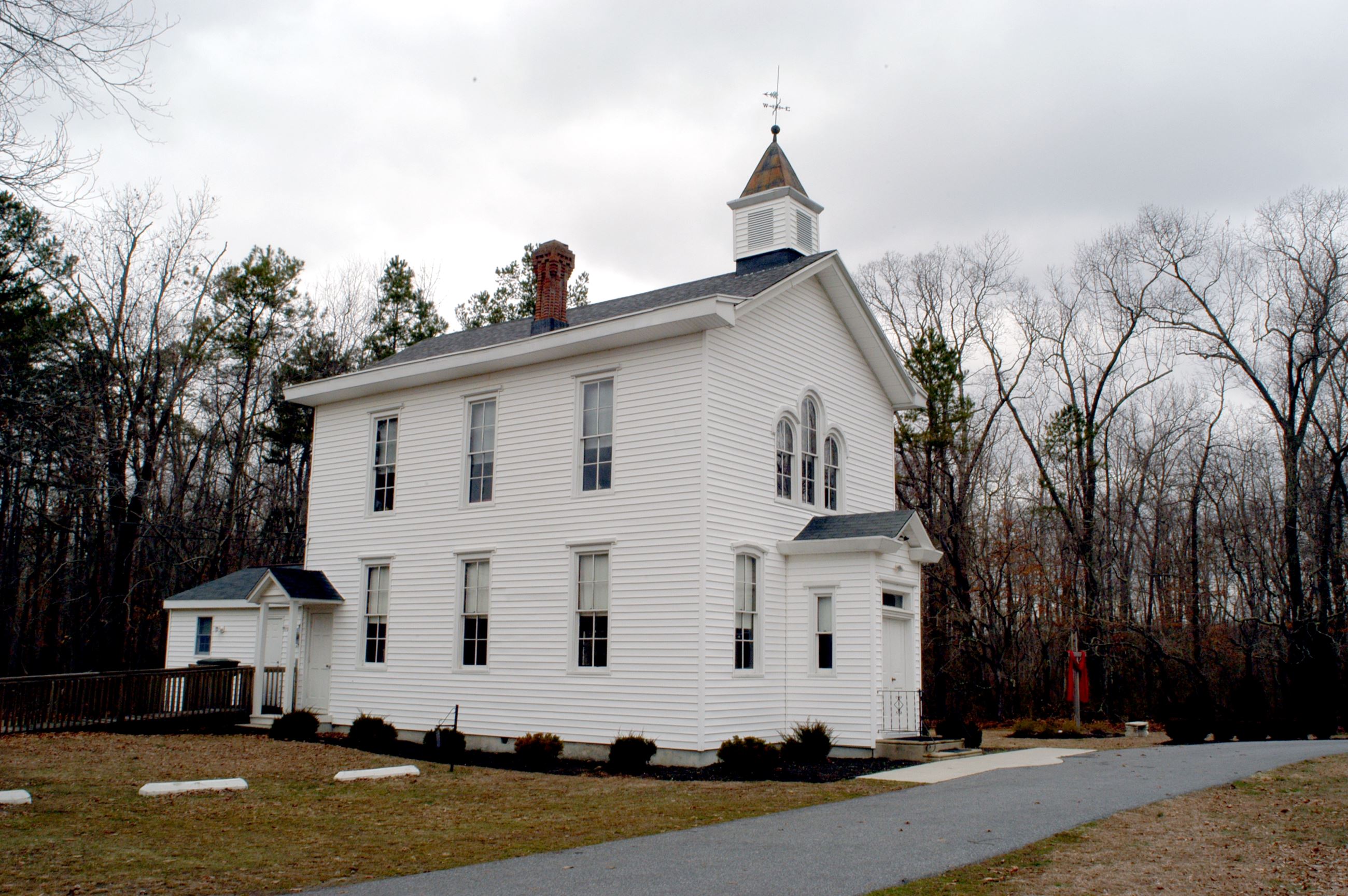 White Church with Side Wooden Ramp Entrance