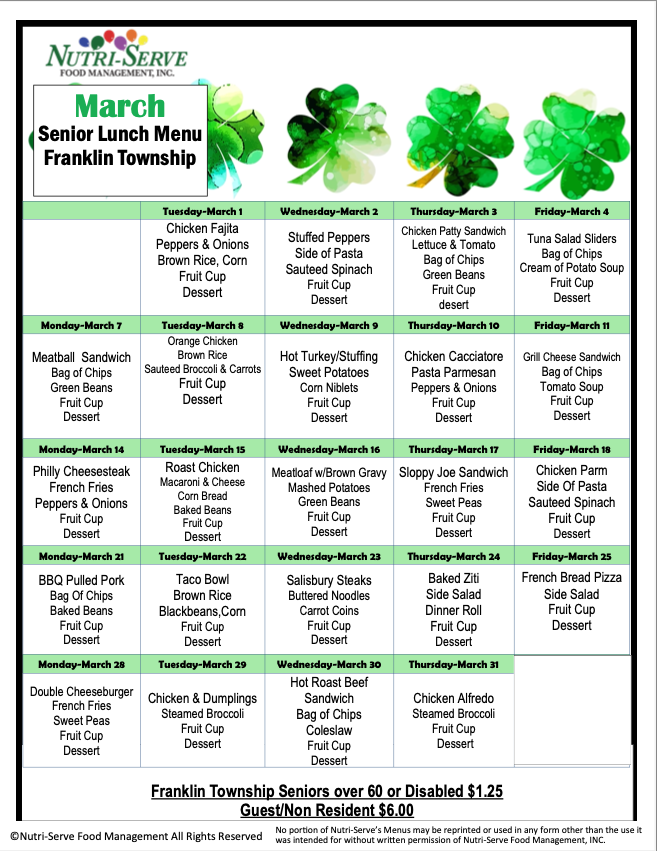 March 2022 Seniors Lunch Menu