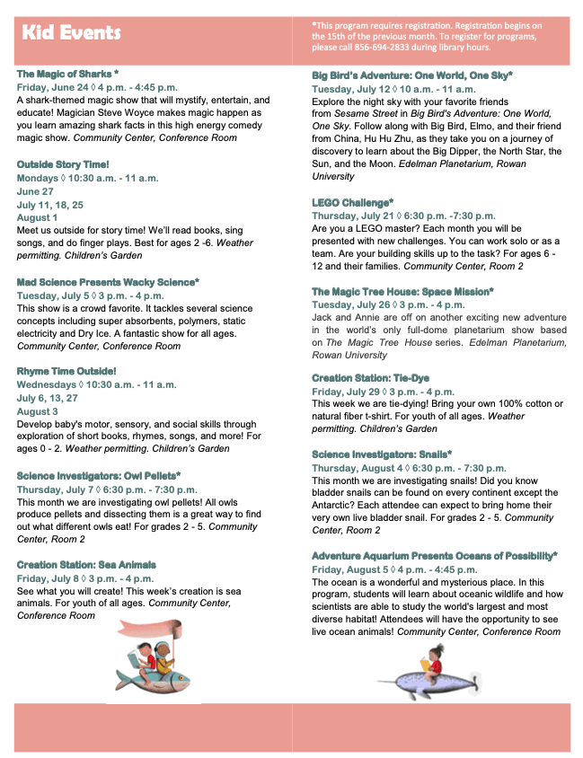 Library Kids Summer Events Page 2