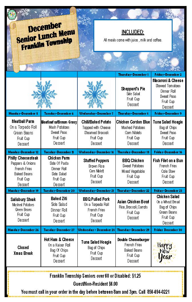 Senior Lunch Menu December 2022